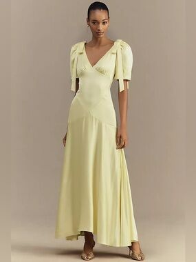 BHLDN Mare Mare Bree Puff-Sleeve V-Neck Satin Slip Midi Dress Small